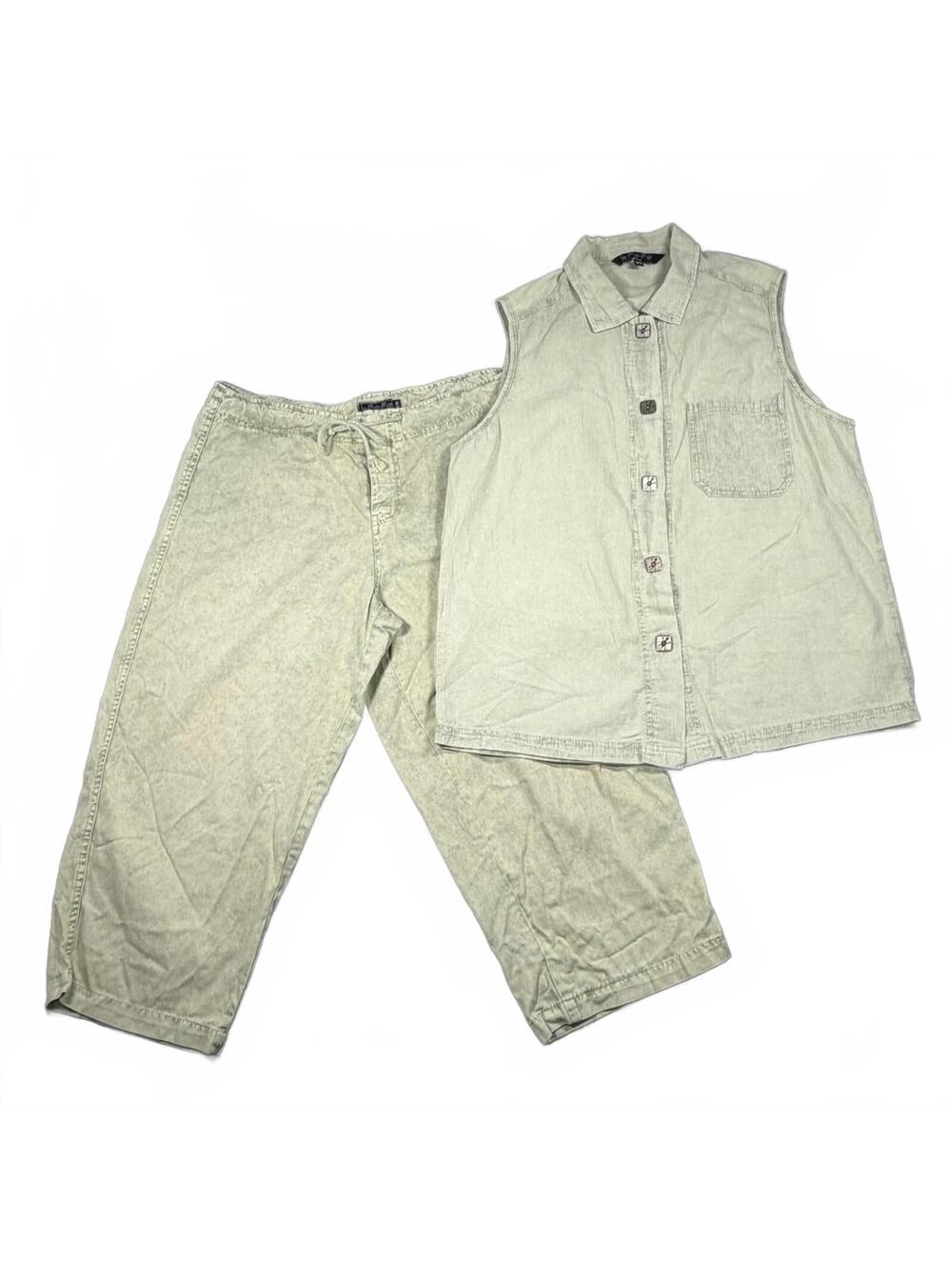 Vintage 90s Bfofo Designs Sage Green Gecko Button 2Pc Top Pants Set Womens M